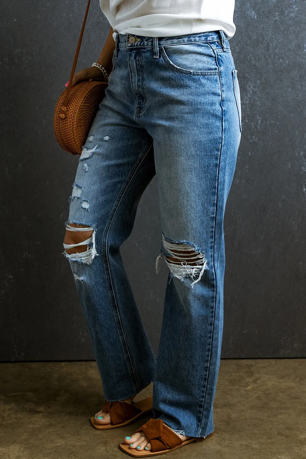 Eaton Distressed Raw Hem Jeans with Pockets
