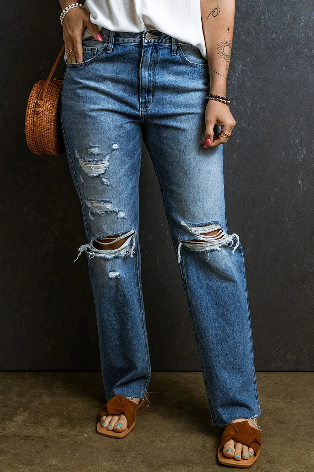 Eaton Distressed Raw Hem Jeans with Pockets