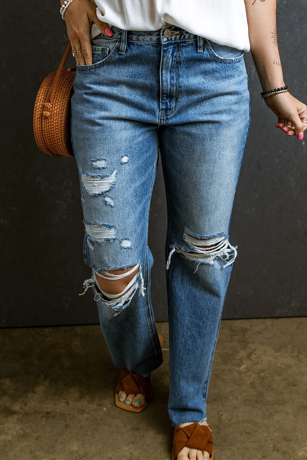 Eaton Distressed Raw Hem Jeans with Pockets