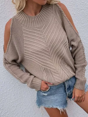 Elegant Women Cold Shoulder Knitted Loose Sweaters