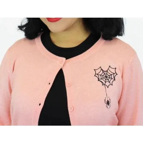 Embroidered Spiderweb Heart Pink Knit Cardigan by Hemet
