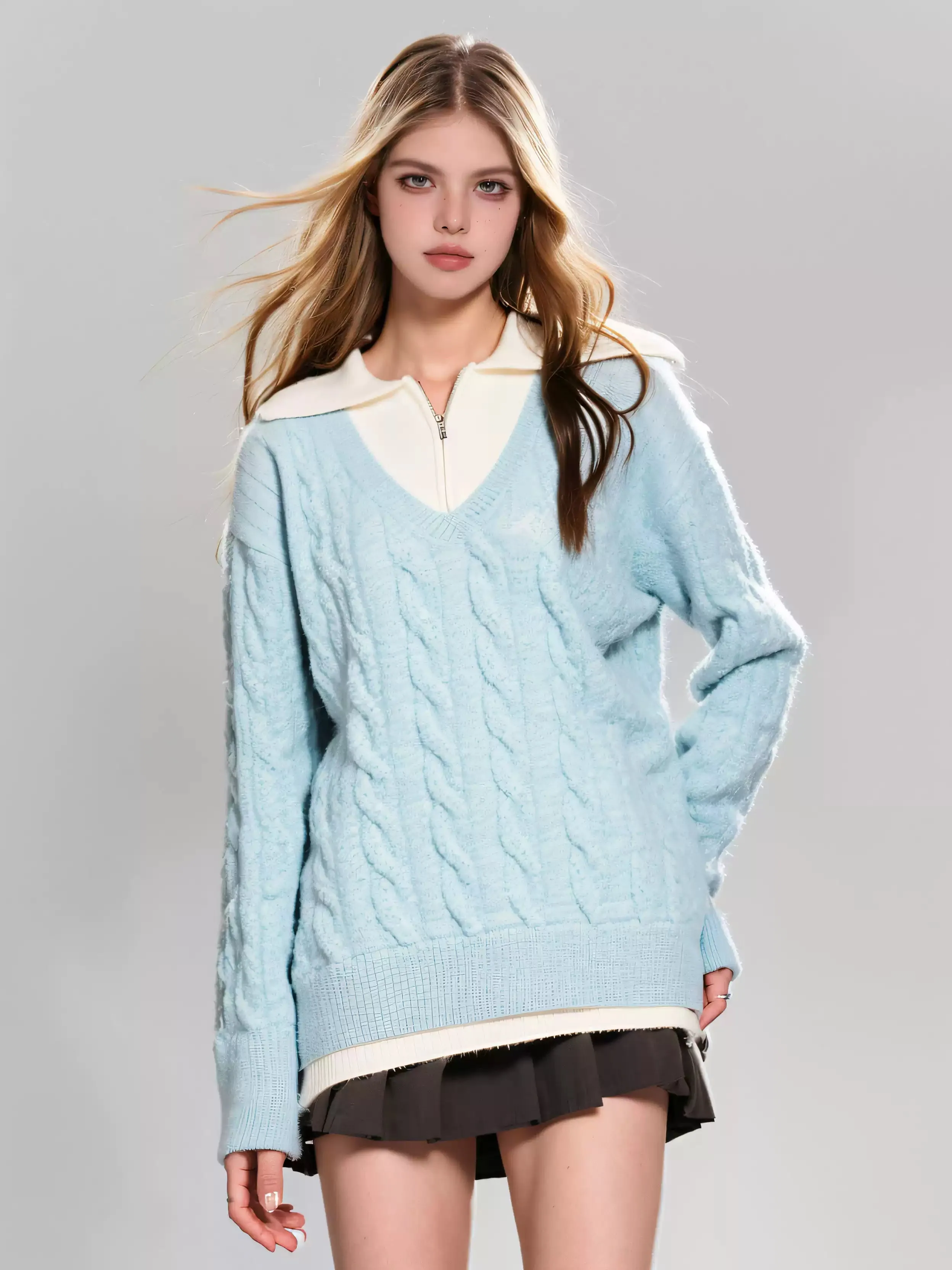 Fake two-piece cable knit sweater