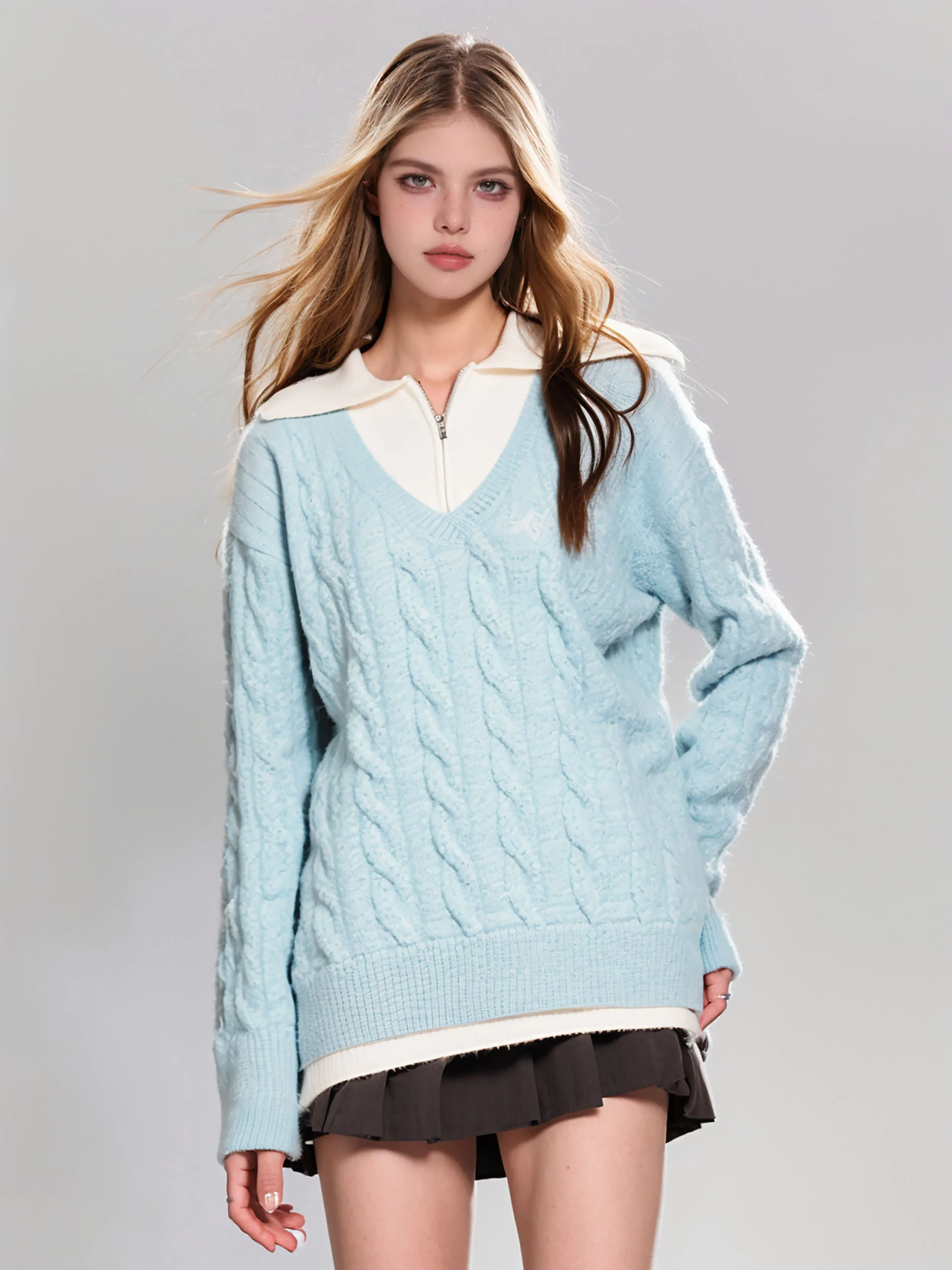 Fake two-piece cable knit sweater