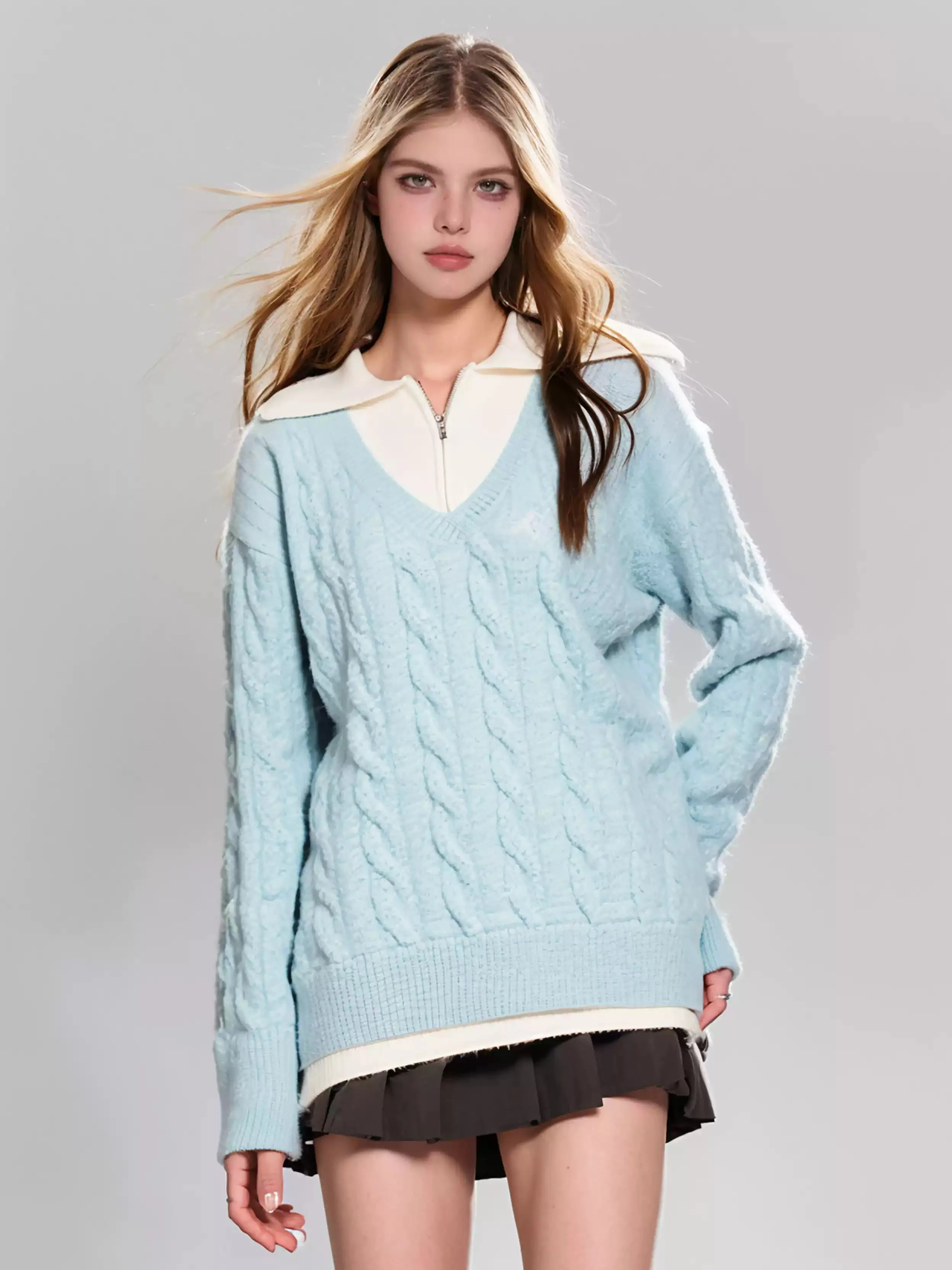 Fake two-piece cable knit sweater
