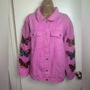 Fantastic Fawn Barbie Pink Oversized Sequins Embroidered Butterfly Jacket NWOT S