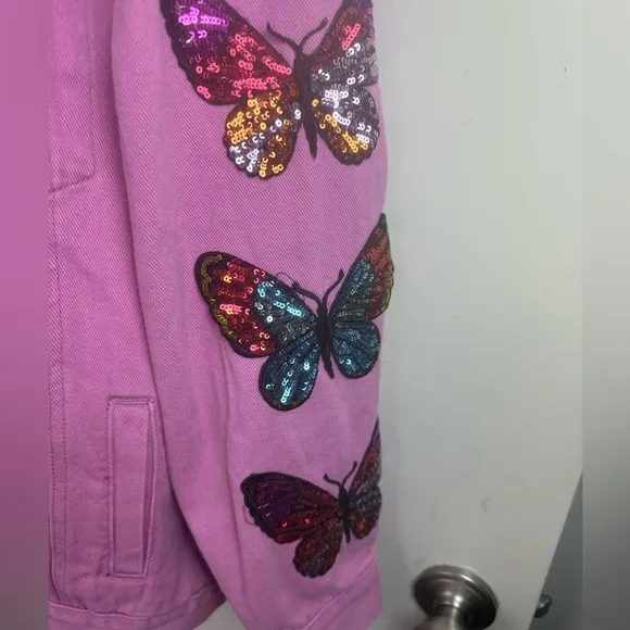 Fantastic Fawn Barbie Pink Oversized Sequins Embroidered Butterfly Jacket NWOT S
