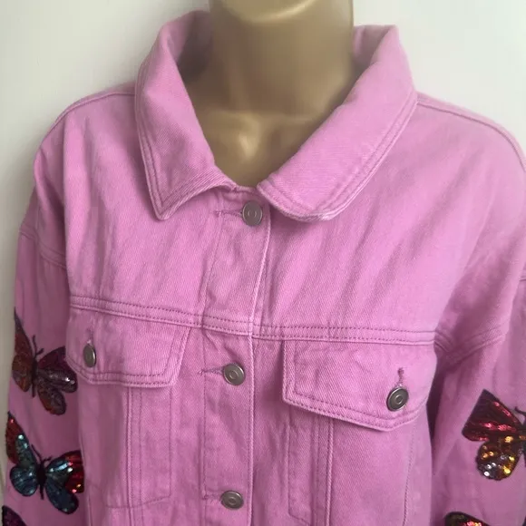 Fantastic Fawn Barbie Pink Oversized Sequins Embroidered Butterfly Jacket NWOT S