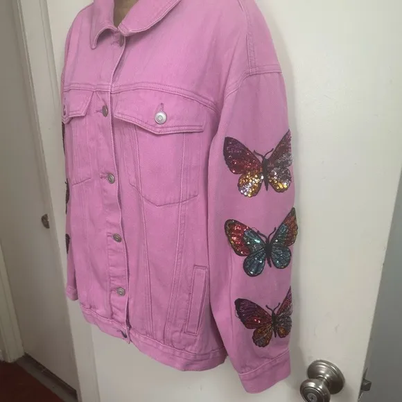 Fantastic Fawn Barbie Pink Oversized Sequins Embroidered Butterfly Jacket NWOT S