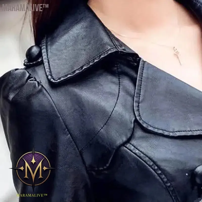 Fashion Plus Size 5XL Long Leather Jacket Women Leather Coat Female 2017 autumn Ladies lace Leather Jackets Coats black