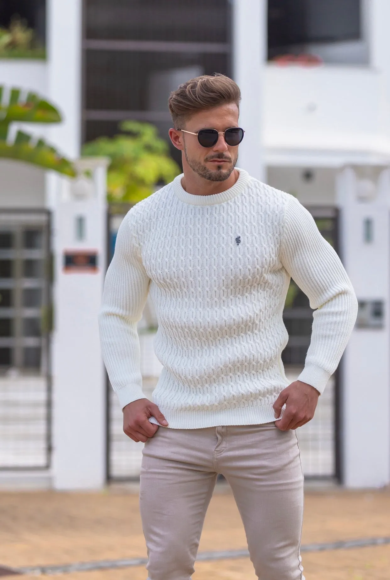 Father Sons Cream Knitted Braided Super Slim Jumper With Metal Decal - FSJ028