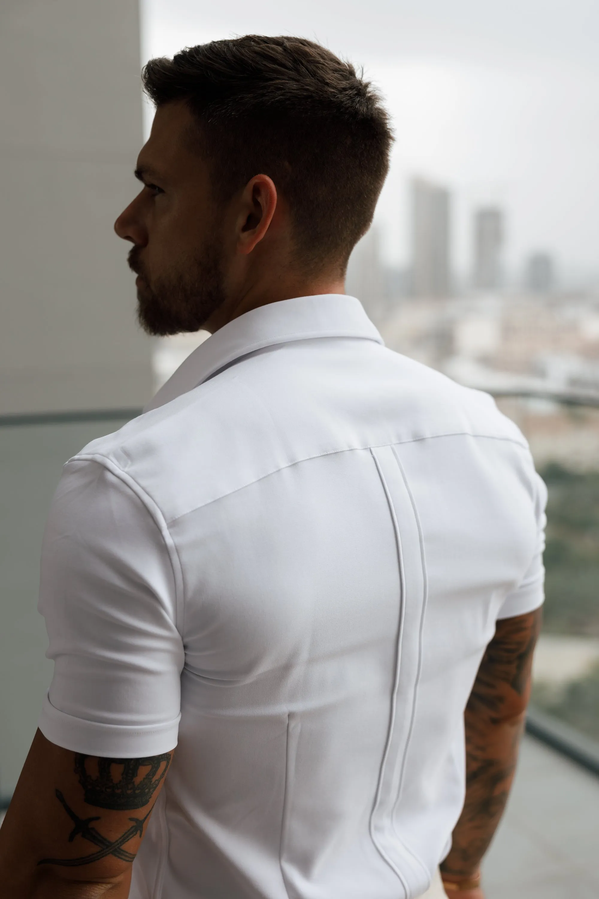 Father Sons Super Slim Scuba White Short Sleeve Stretch with Back Box Pleat and Side Seam Detail - FS943