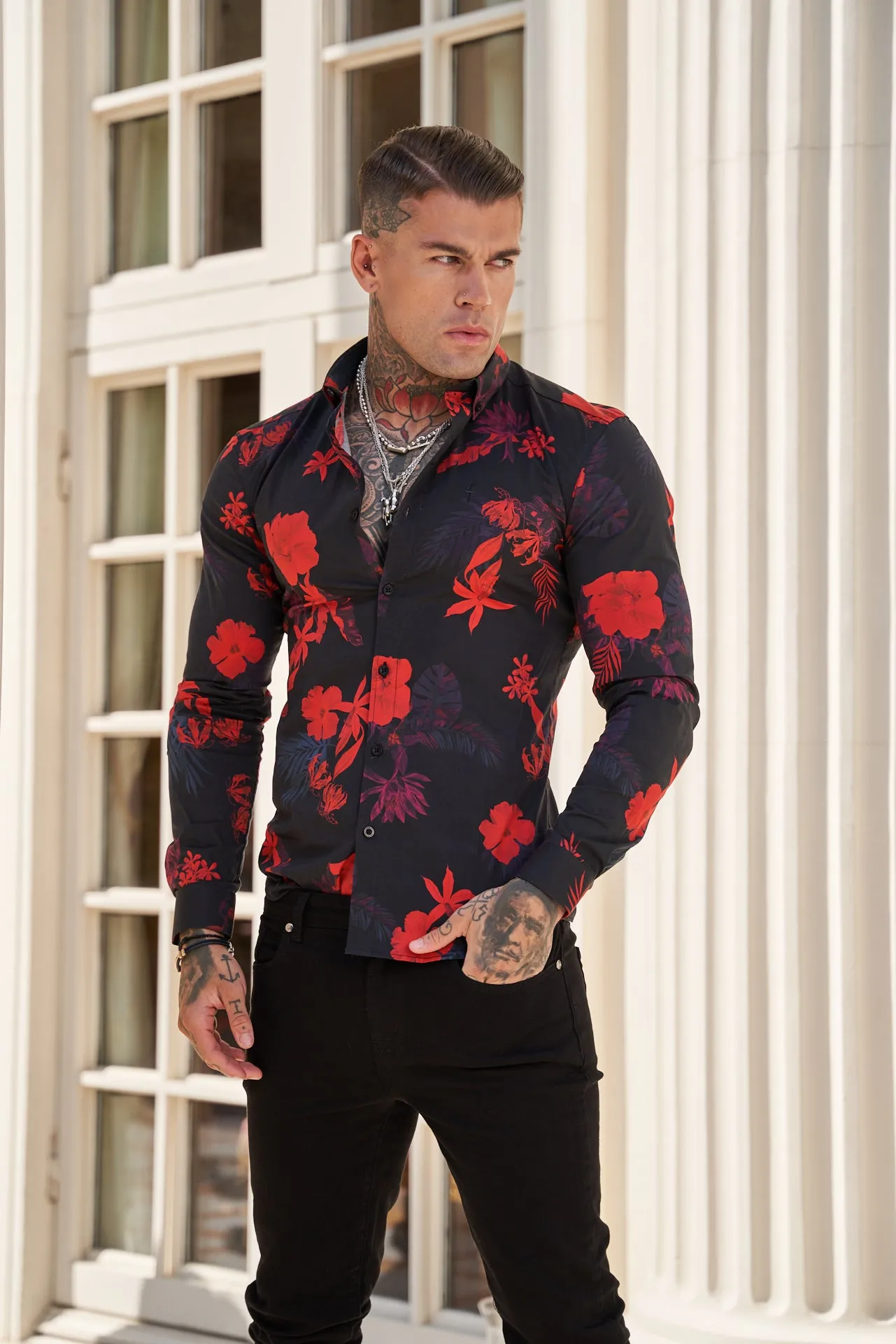 Father Sons Super Slim Stretch Black and Red Floral Print Long Sleeve with Button Down Collar - FS770