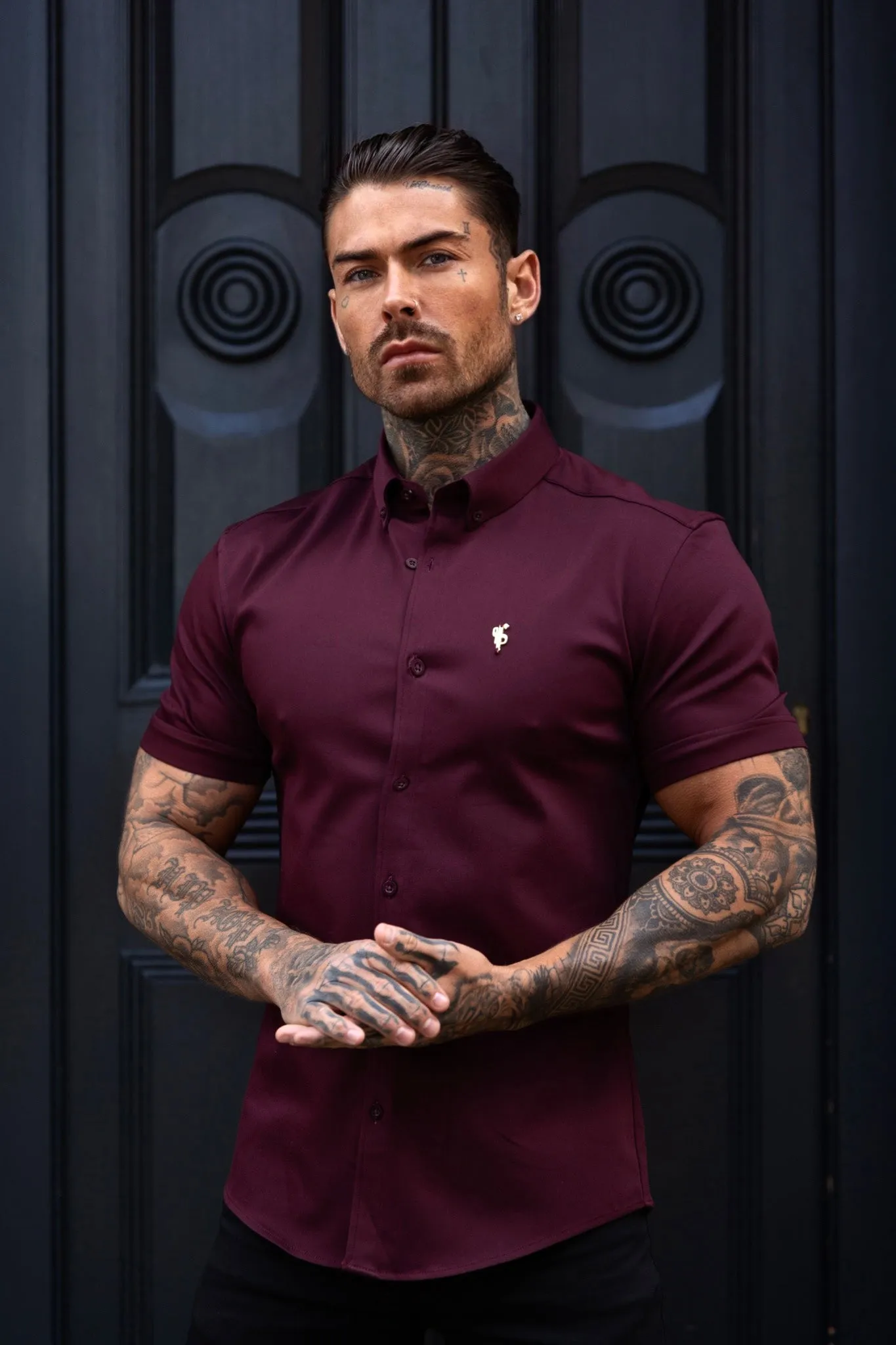 Father Sons Super Slim Stretch Burgundy Denim Short Sleeve with Gold Metal Decal and Button Down Collar - FS1045