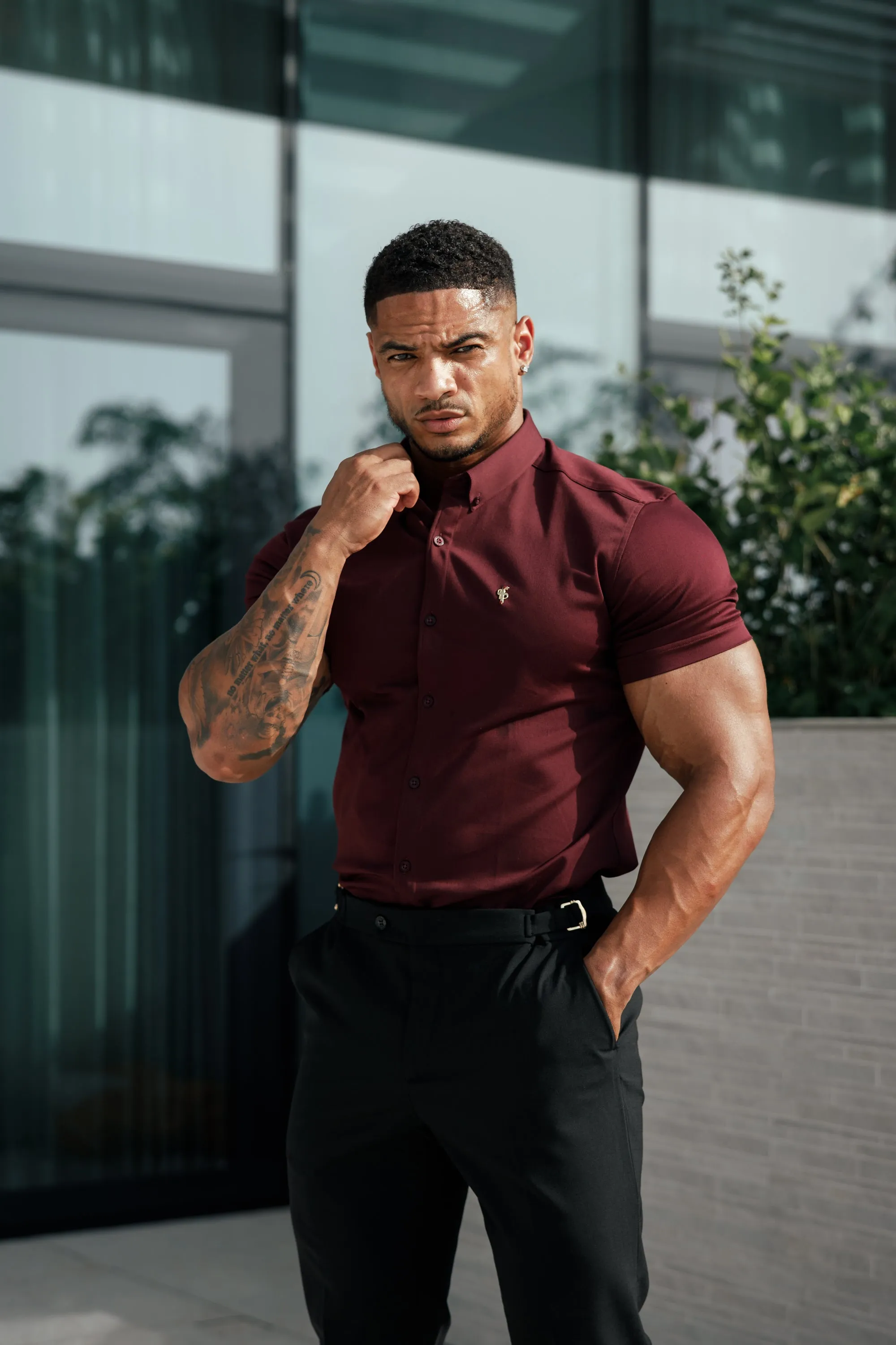 Father Sons Super Slim Stretch Burgundy Denim Short Sleeve with Gold Metal Decal and Button Down Collar - FS1045