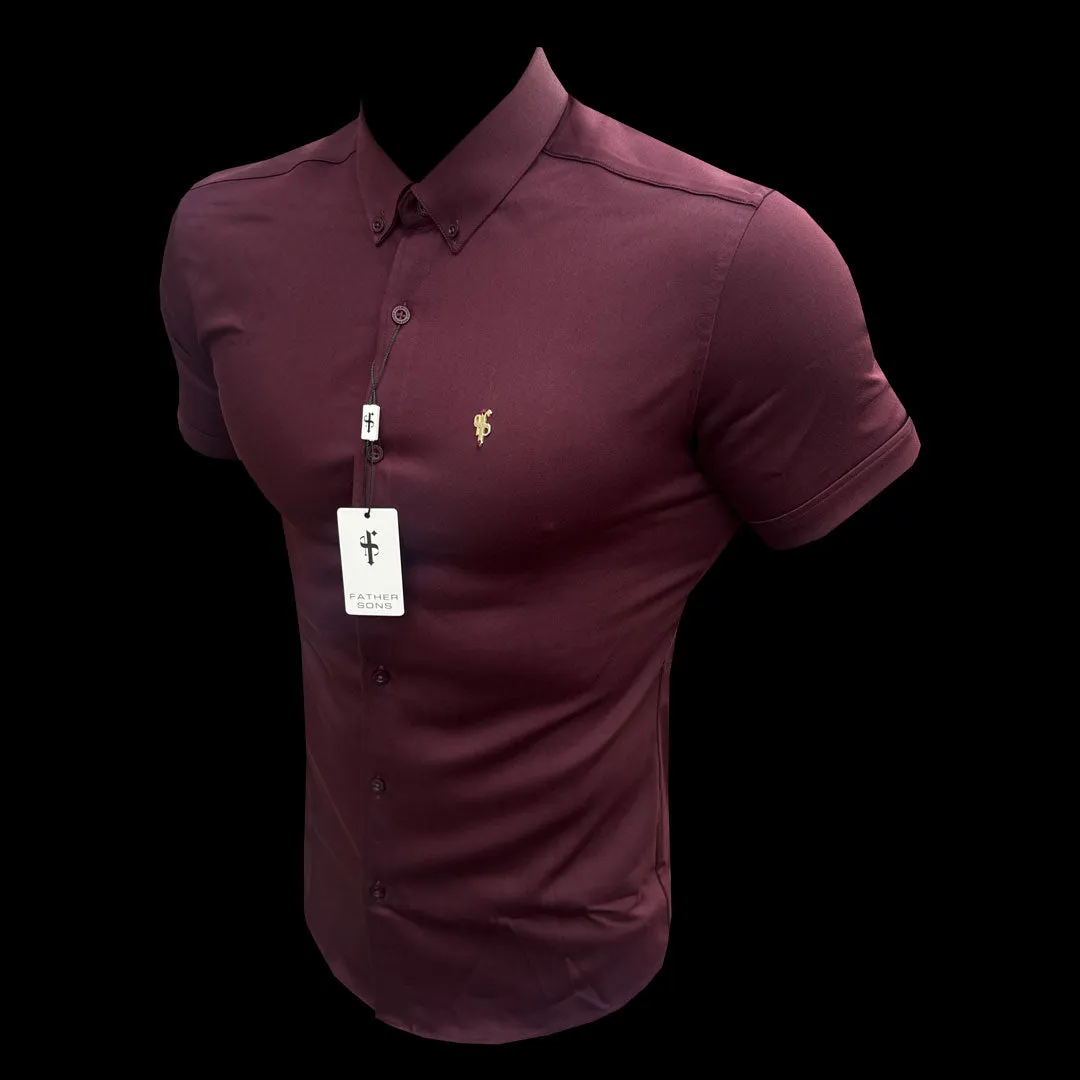 Father Sons Super Slim Stretch Burgundy Denim Short Sleeve with Gold Metal Decal and Button Down Collar - FS1045