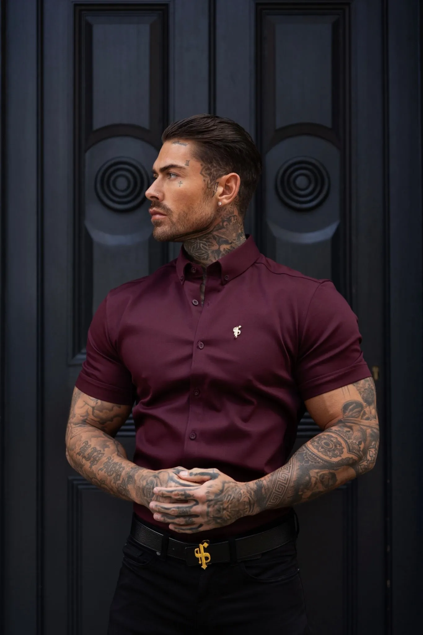 Father Sons Super Slim Stretch Burgundy Denim Short Sleeve with Gold Metal Decal and Button Down Collar - FS1045