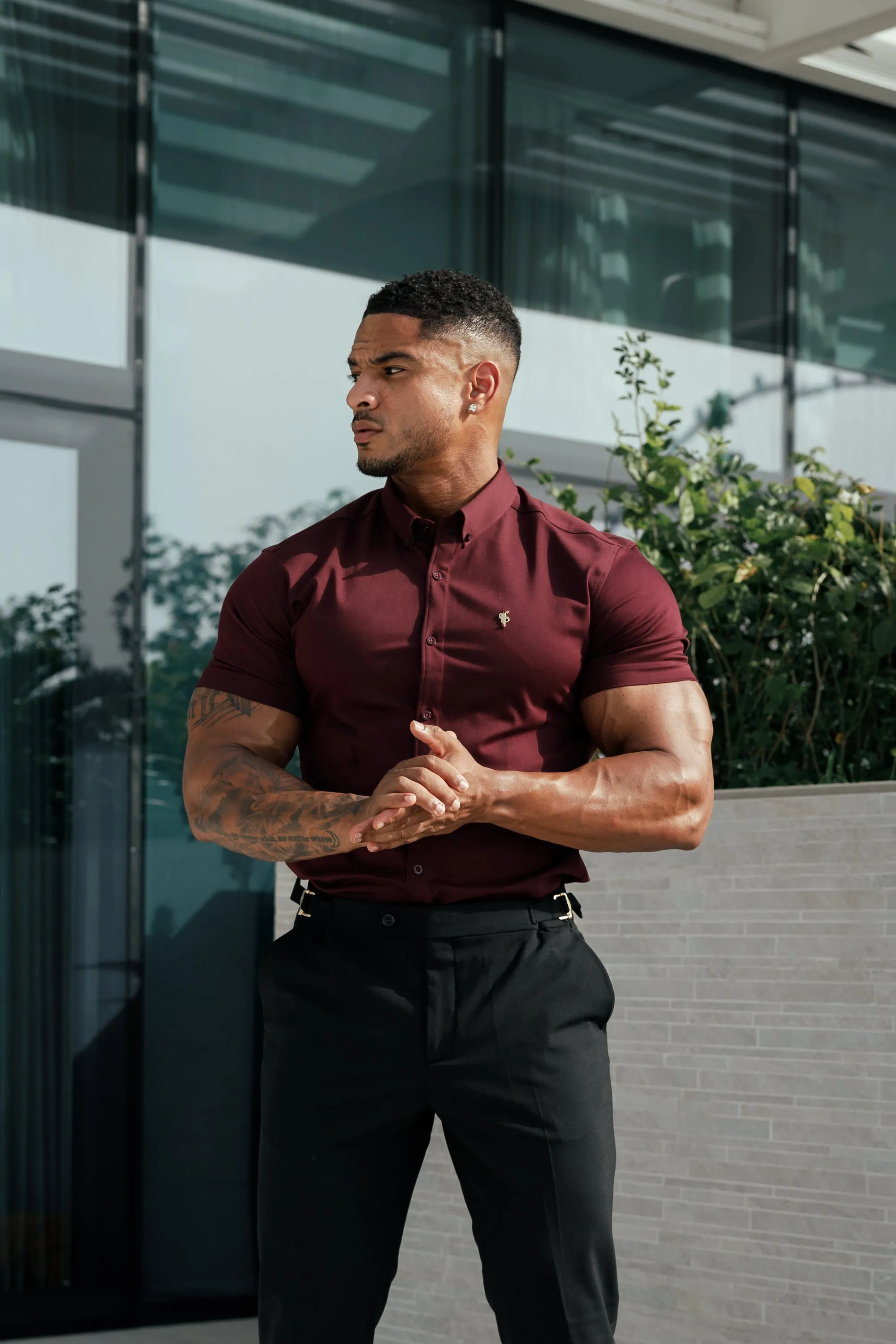 Father Sons Super Slim Stretch Burgundy Denim Short Sleeve with Gold Metal Decal and Button Down Collar - FS1045