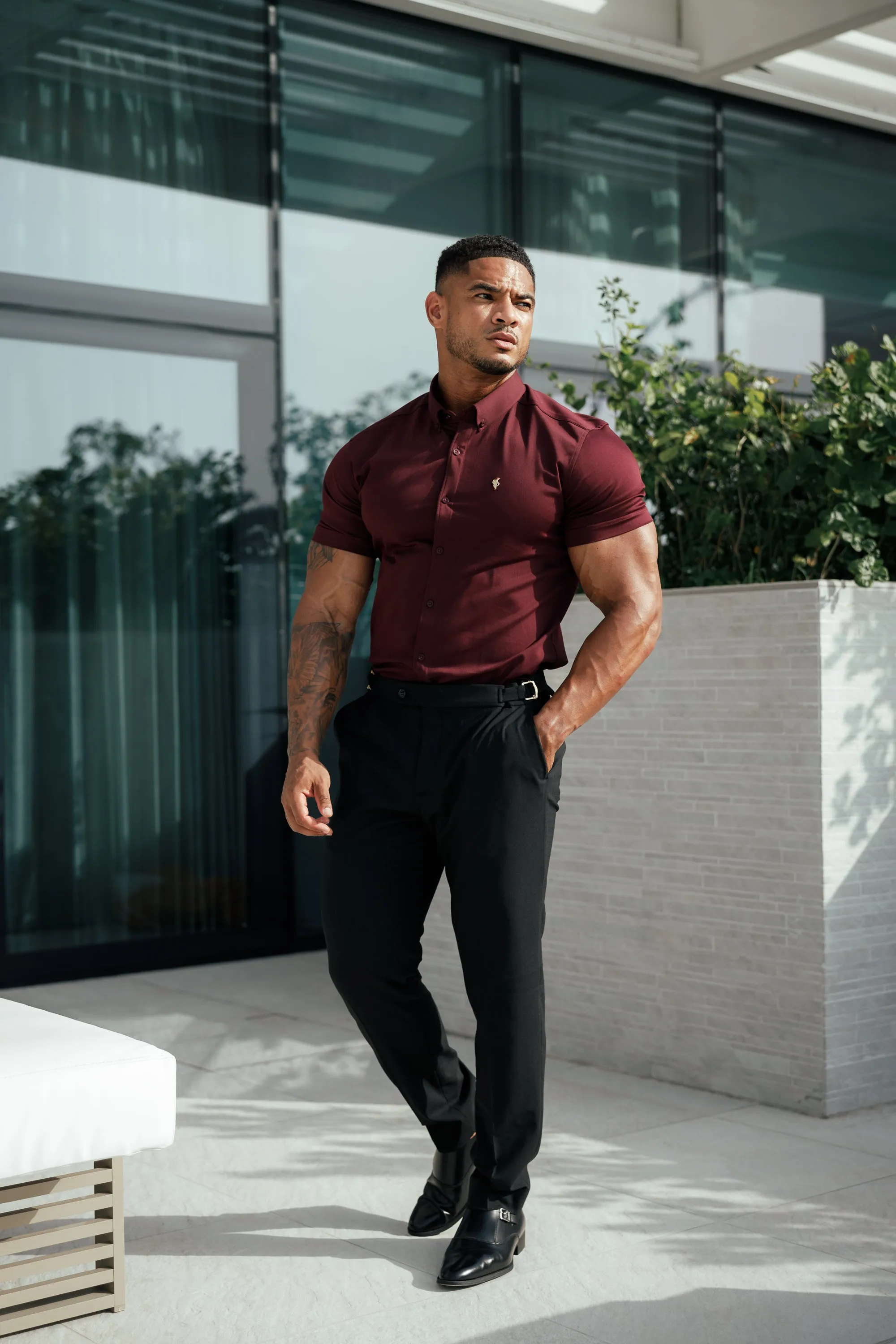 Father Sons Super Slim Stretch Burgundy Denim Short Sleeve with Gold Metal Decal and Button Down Collar - FS1045