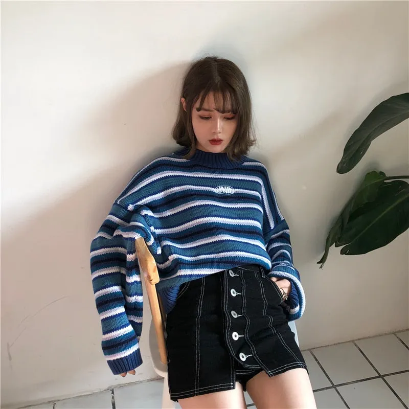 Female Korean Harajuku Clothing For Women Loose Wild Striped Student Sweater Women's Sweaters Kawaii Ulzzang Pullover Jumper