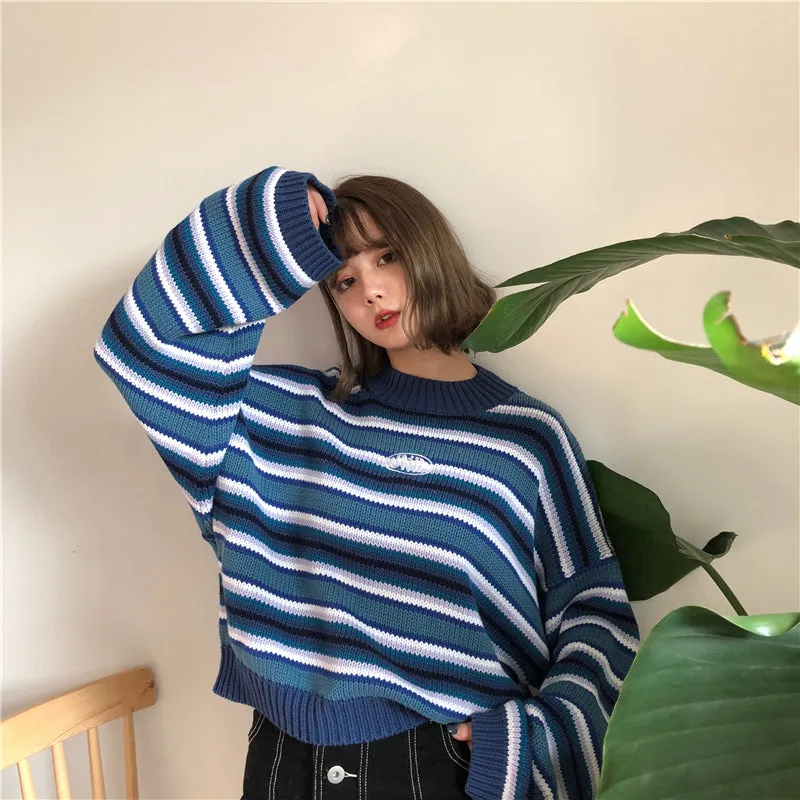 Female Korean Harajuku Clothing For Women Loose Wild Striped Student Sweater Women's Sweaters Kawaii Ulzzang Pullover Jumper