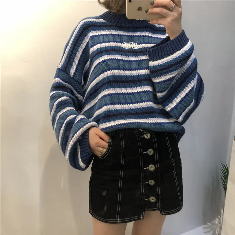 Female Korean Harajuku Clothing For Women Loose Wild Striped Student Sweater Women's Sweaters Kawaii Ulzzang Pullover Jumper