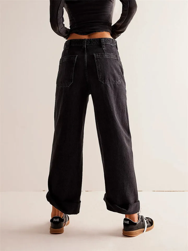 Female Loose Washed Button Trim Jeans with Pockets