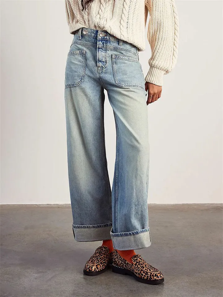 Female Loose Washed Button Trim Jeans with Pockets