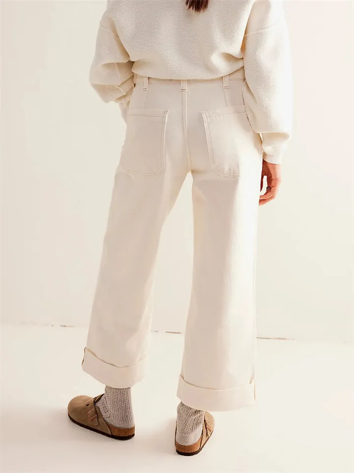 Female Loose Washed Button Trim Jeans with Pockets