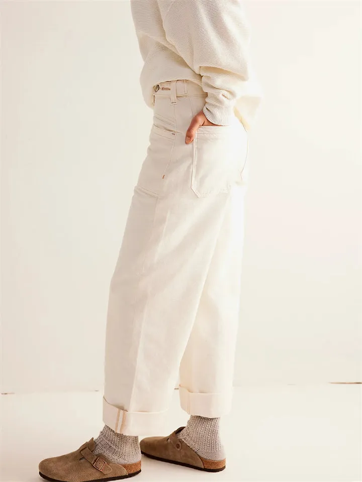 Female Loose Washed Button Trim Jeans with Pockets