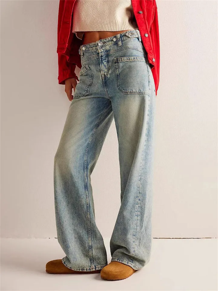 Female Loose Washed Button Trim Jeans with Pockets
