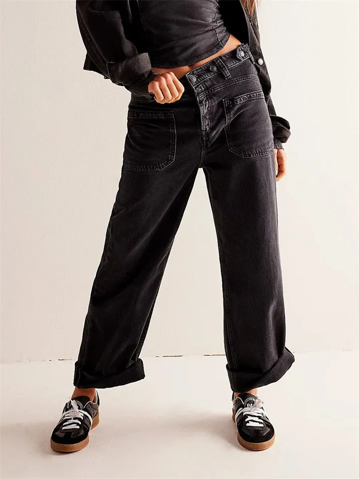 Female Loose Washed Button Trim Jeans with Pockets