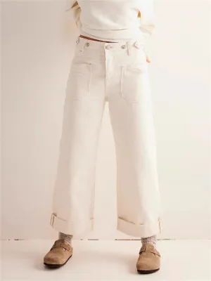 Female Loose Washed Button Trim Jeans with Pockets