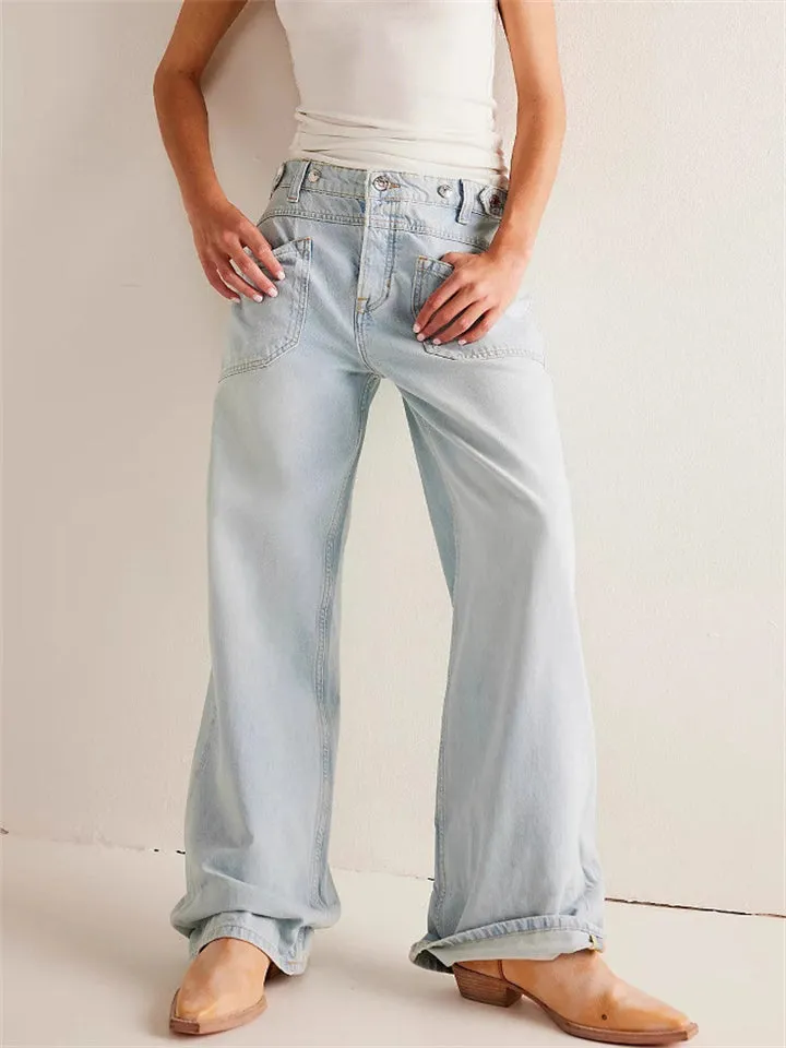 Female Loose Washed Button Trim Jeans with Pockets