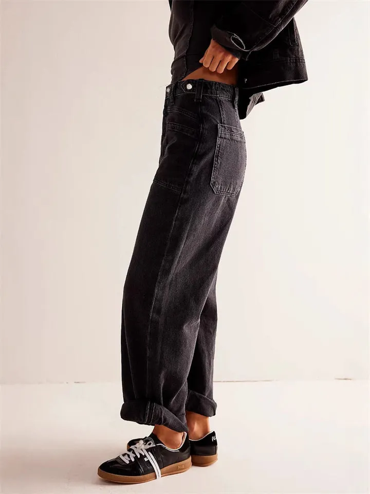 Female Loose Washed Button Trim Jeans with Pockets