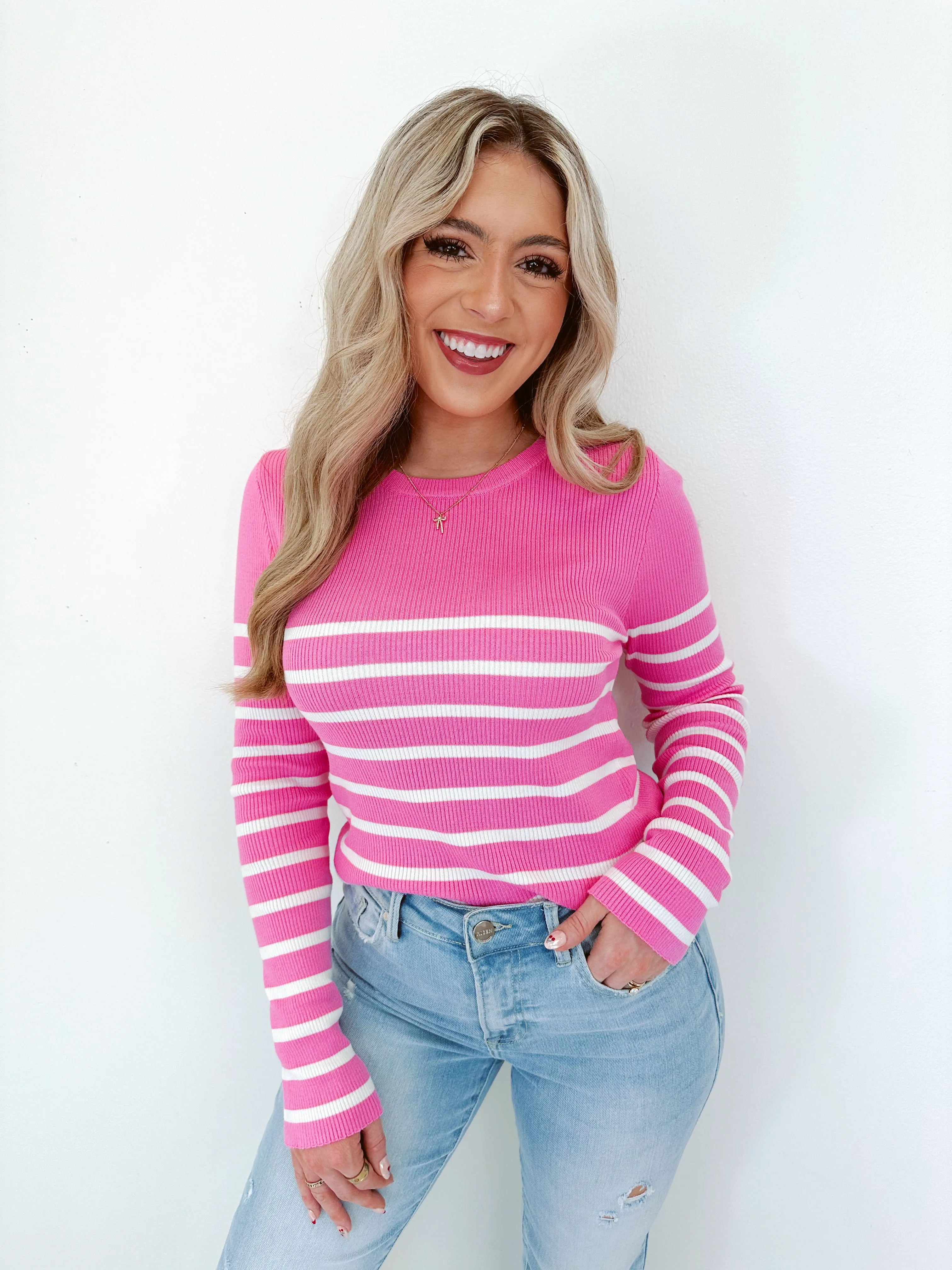 Forever Flattering Striped Sweater - Vibrant Pink