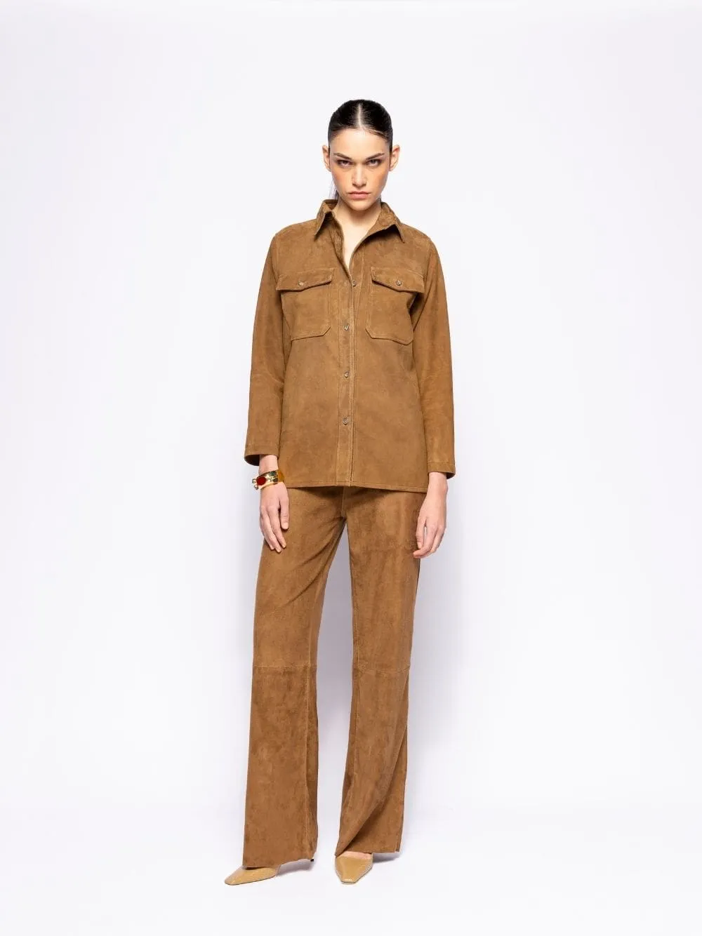 Frank  Caramel Café Embroidered Suede Overshirt