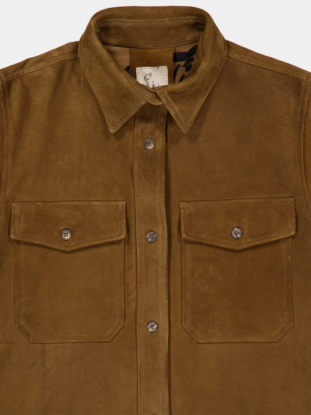 Frank  Caramel Café Embroidered Suede Overshirt