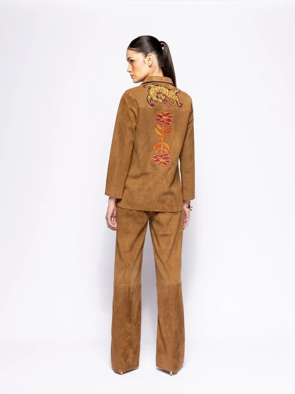 Frank  Caramel Café Embroidered Suede Overshirt