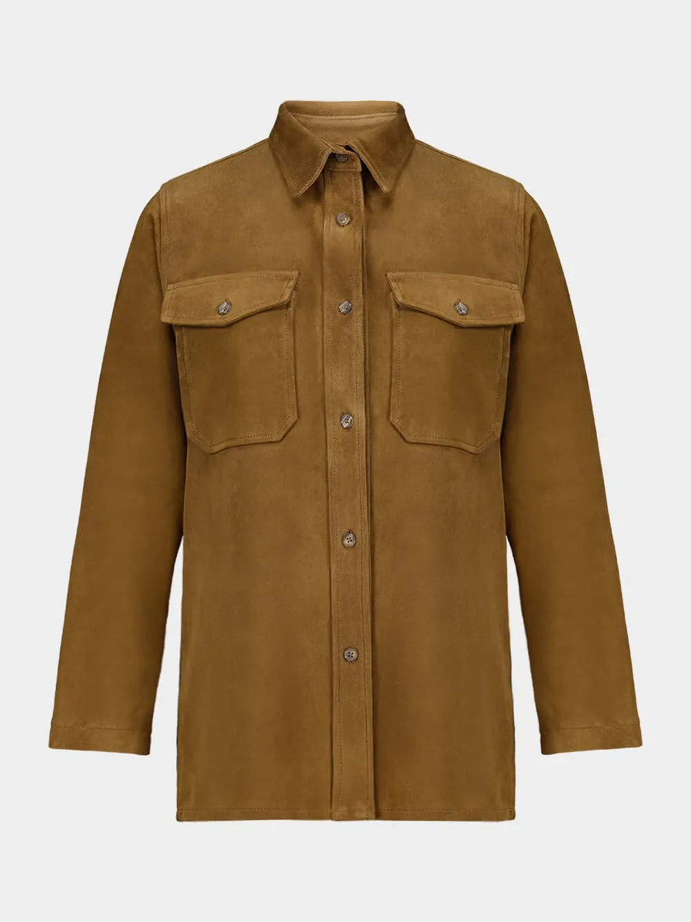 Frank  Caramel Café Embroidered Suede Overshirt
