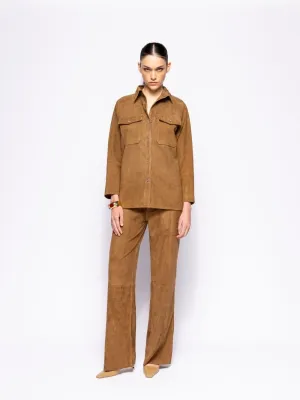 Frank  Caramel Café Embroidered Suede Overshirt