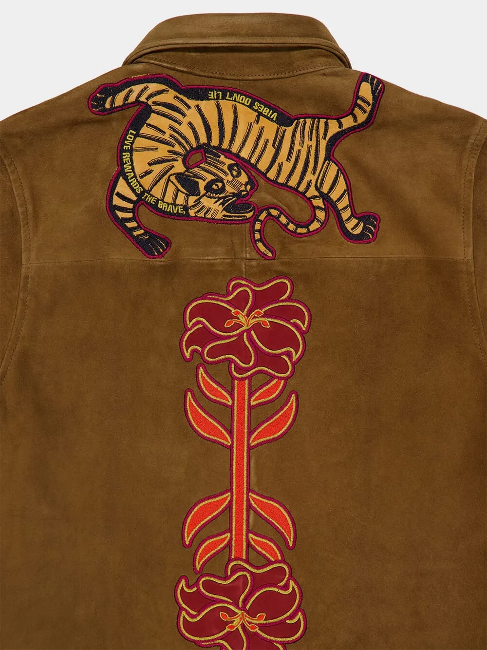 Frank  Caramel Café Embroidered Suede Overshirt