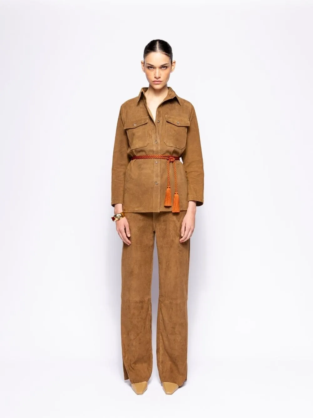 Frank  Caramel Café Embroidered Suede Overshirt