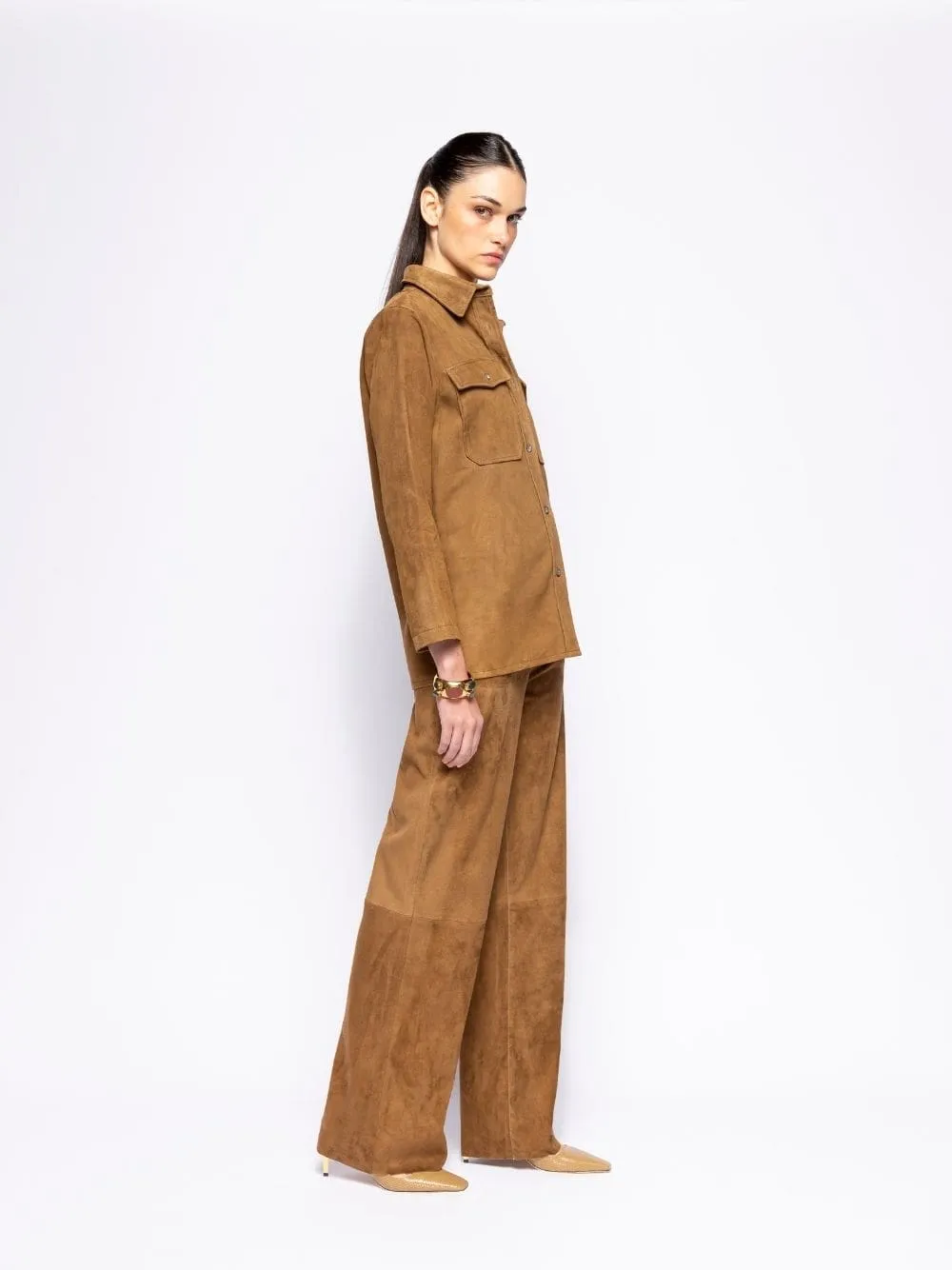Frank  Caramel Café Embroidered Suede Overshirt