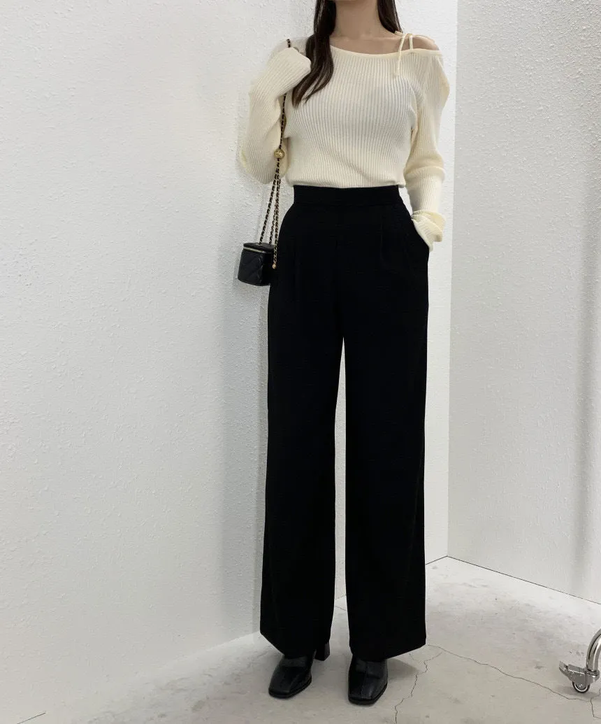 French Off-Shoulder Lace-Up Knit Sweater