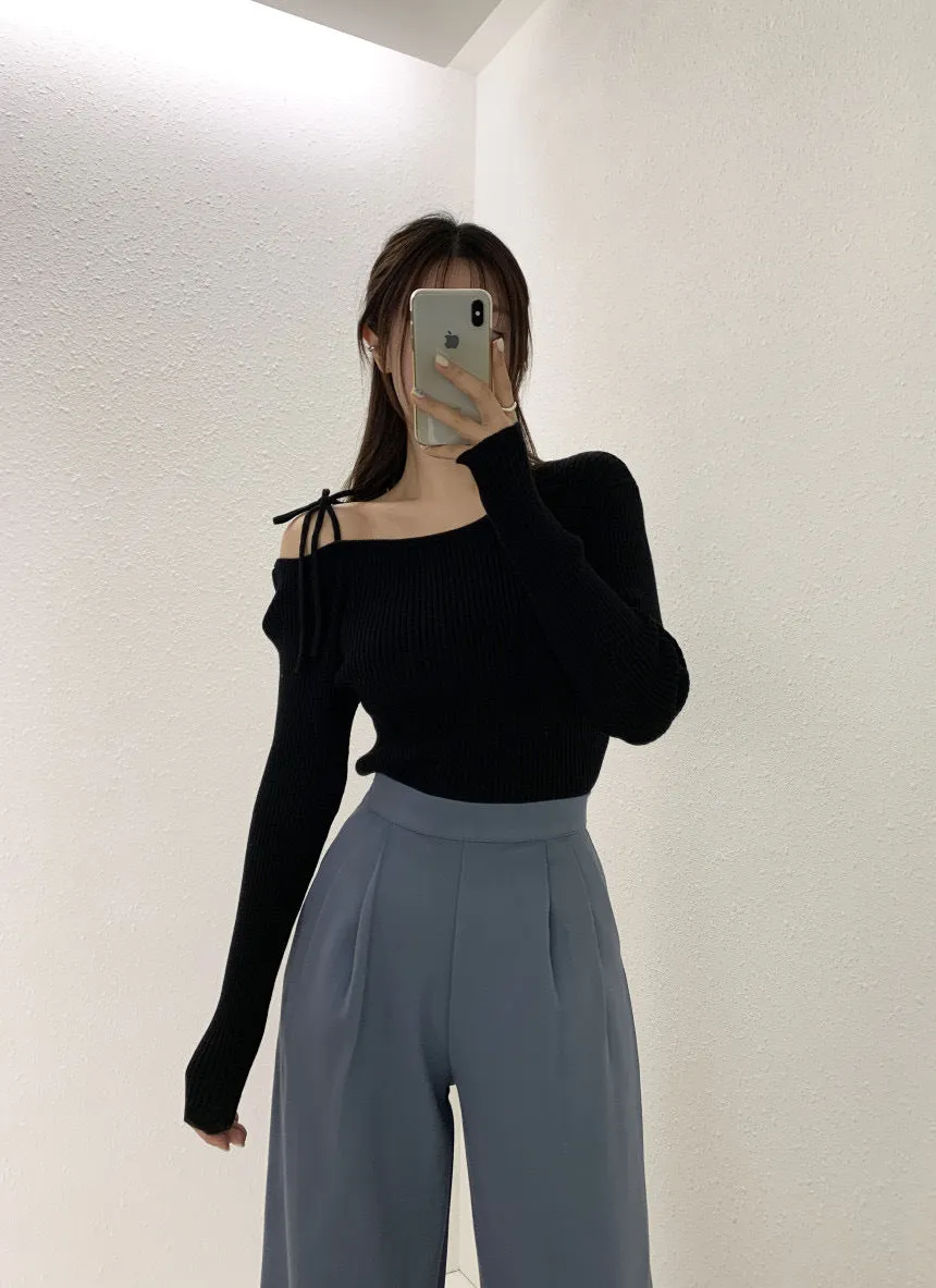 French Off-Shoulder Lace-Up Knit Sweater