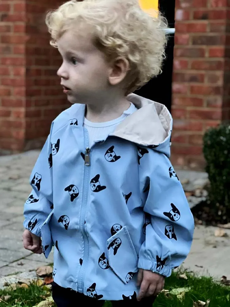Frenchie Dog Print Baby and Childrens Hooded Jacket  - Blue 12M to 5Y