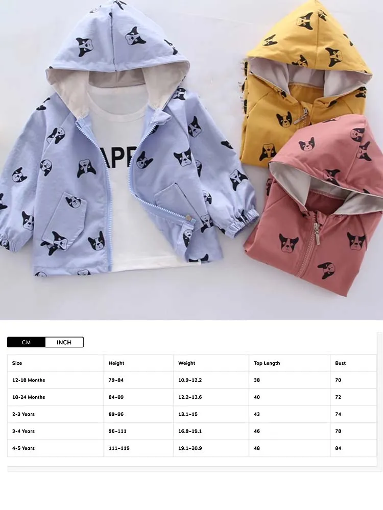 Frenchie Dog Print Baby and Childrens Hooded Jacket  - Blue 12M to 5Y