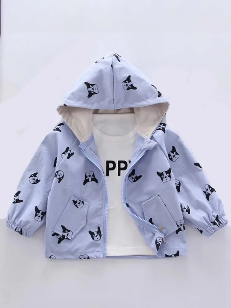 Frenchie Dog Print Baby and Childrens Hooded Jacket  - Blue 12M to 5Y