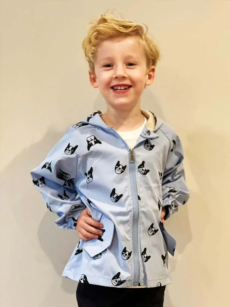 Frenchie Dog Print Baby and Childrens Hooded Jacket  - Blue 12M to 5Y
