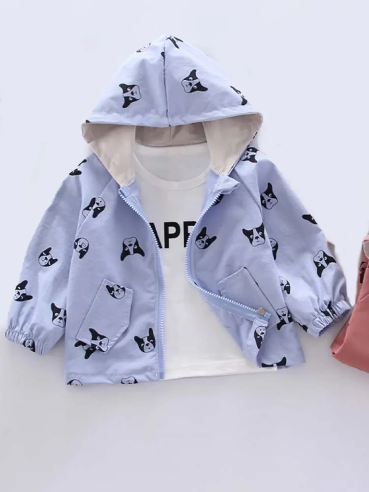 Frenchie Dog Print Baby and Childrens Hooded Jacket  - Blue 12M to 5Y